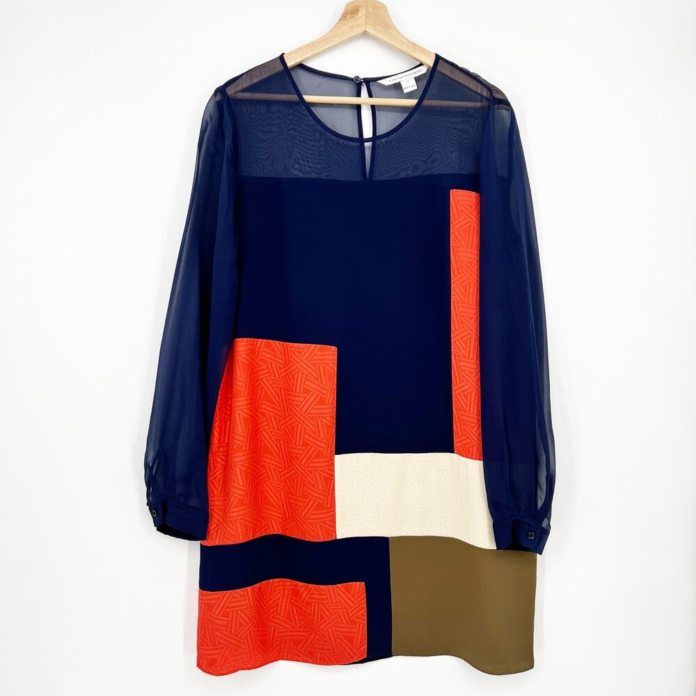 Diane Von Furstenberg Raegan Colorblock Shift Dress Womens 12 Blue Orange Silk